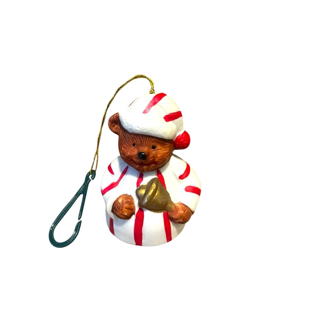 Vintage 1985 Giftco Teddy Bear Christmas Bell Ornament Red White Gold Holiday